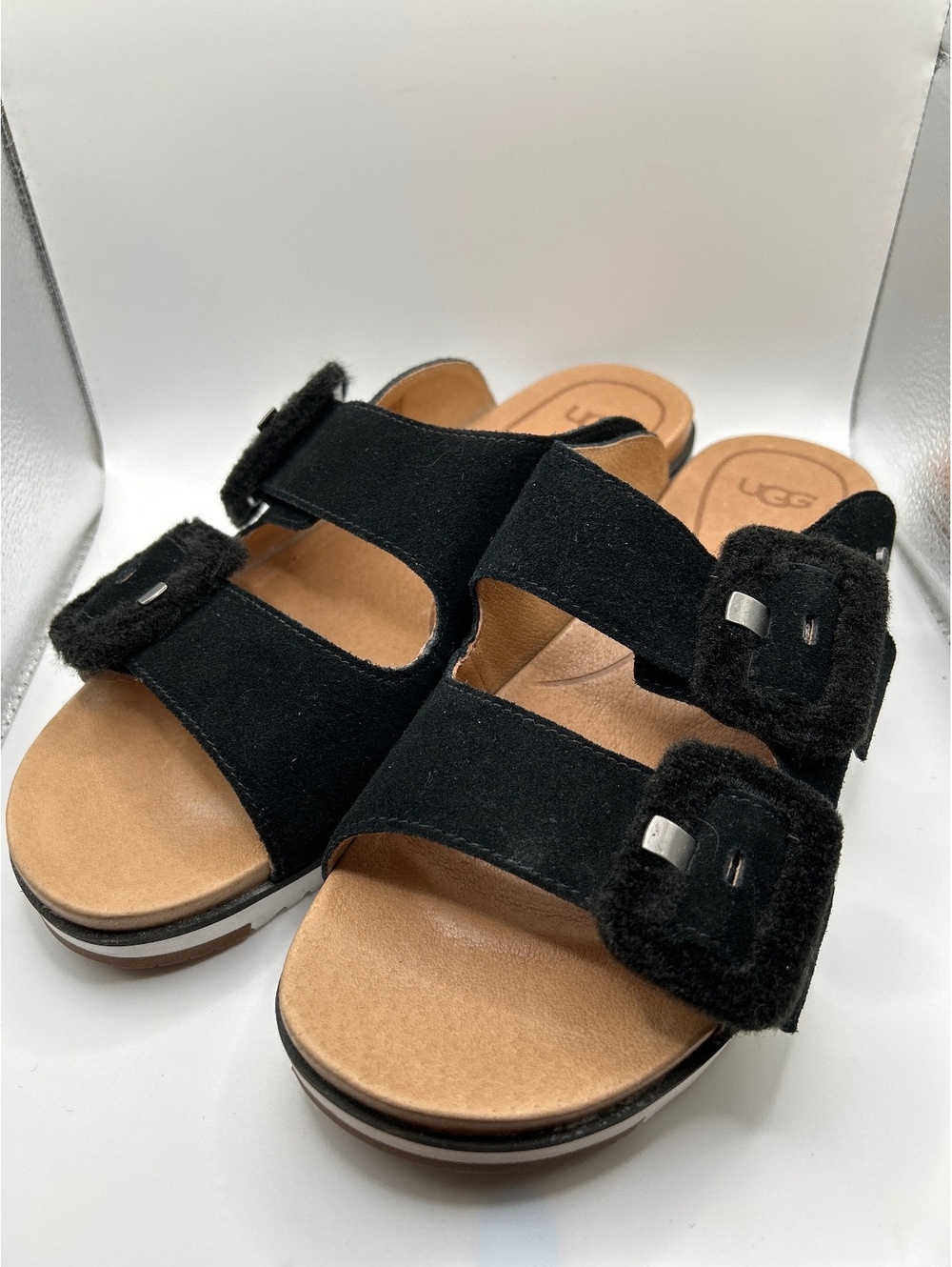 UGG Black Fluff Indio Suede Fuzzy Buckle Slide Sandals Size 9.5 Women VGC